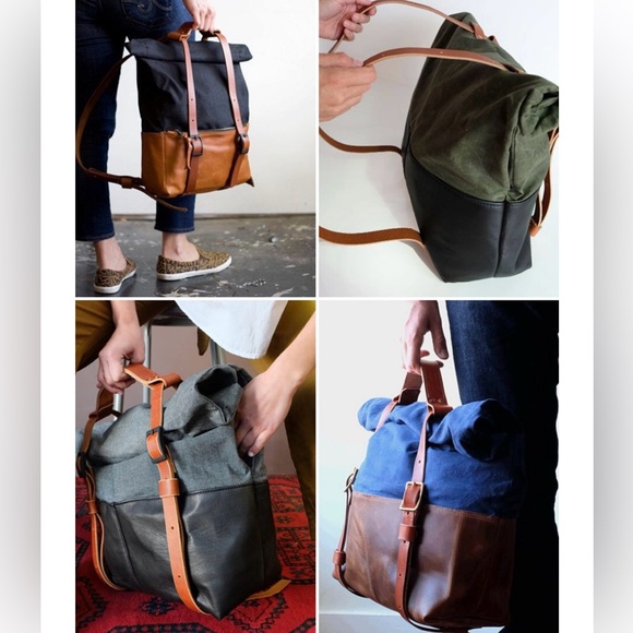 Awl Snap Waxed Canvas Leather Adjustable Backpack Tote Olive Green Black Tan - Picture 15 of 16